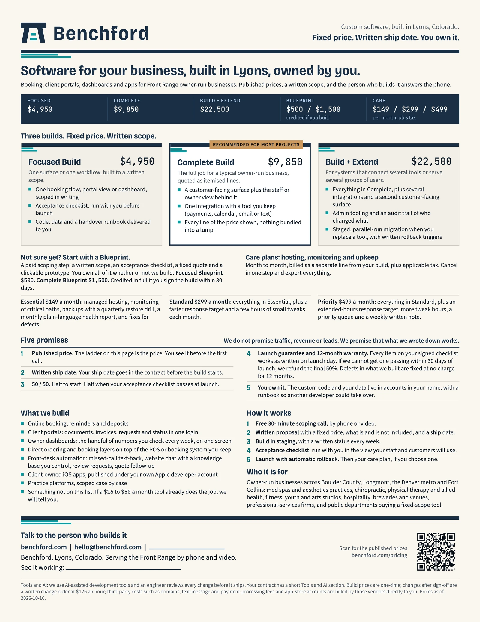 Benchford one-page offer sheet with the three fixed-price builds, the Blueprint and the care plans