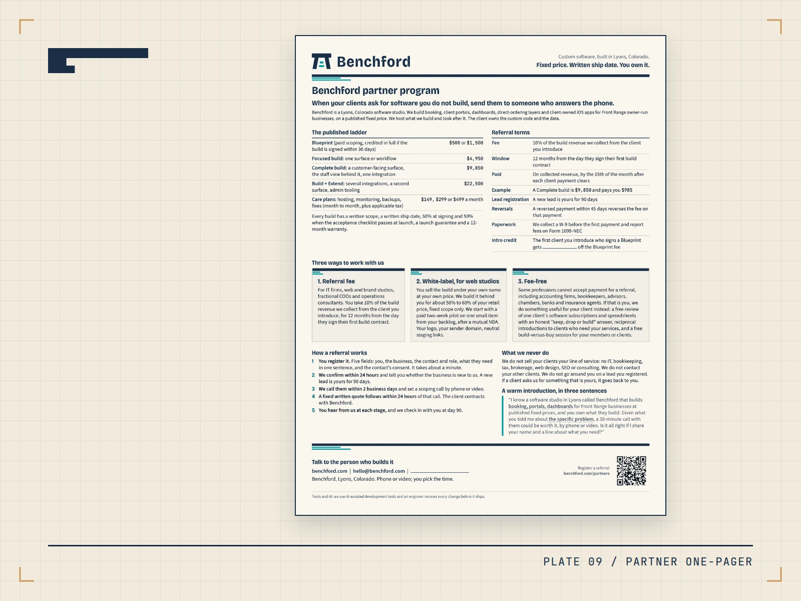 The Benchford partner program one-page sheet on US Letter, shown whole