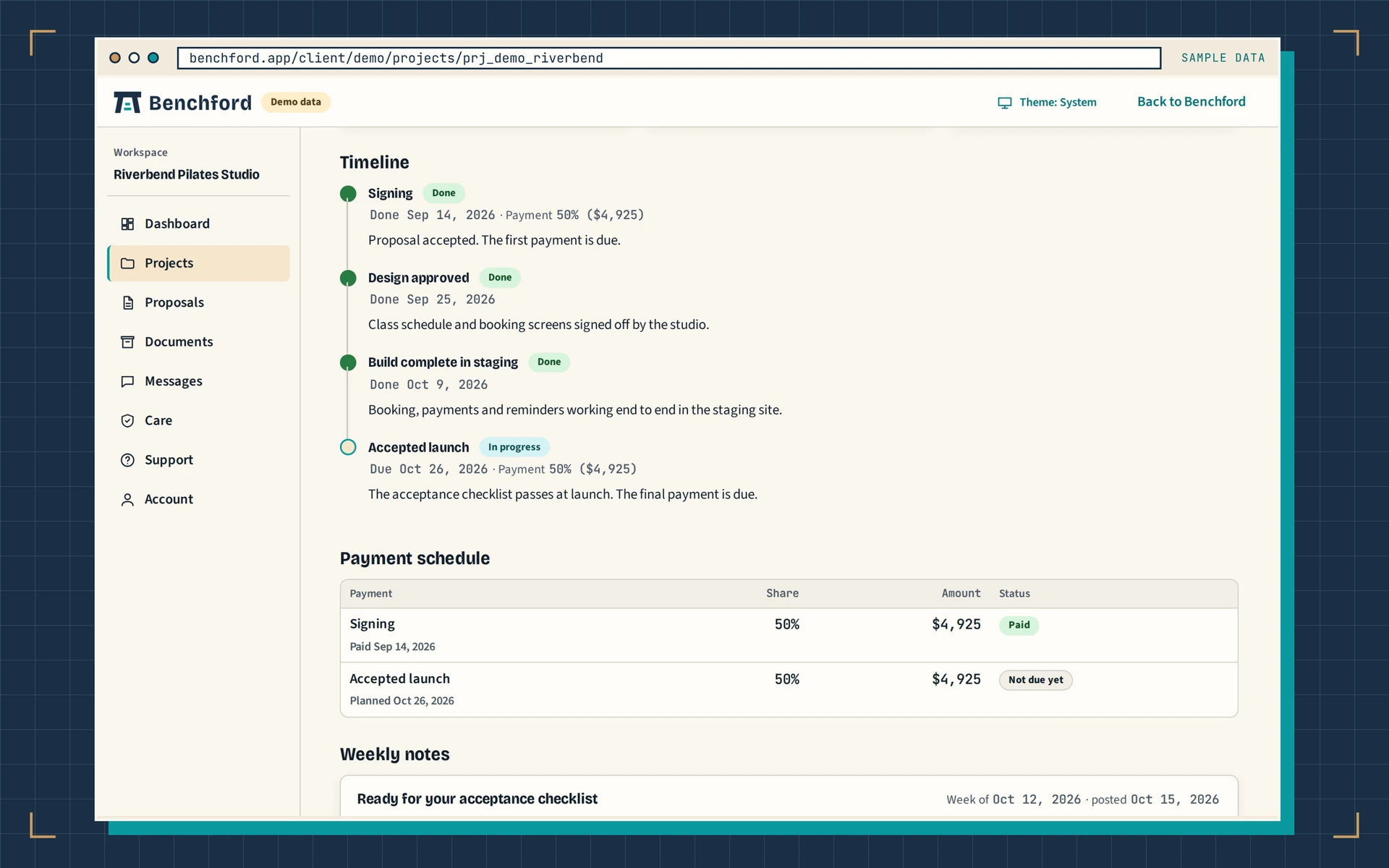 Project timeline on the client portal: four milestones with dates and payment shares, then the payment schedule