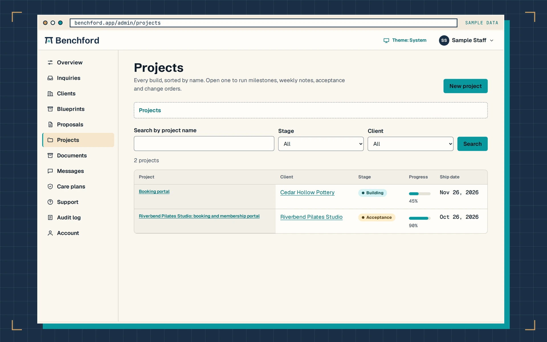 Staff console project list on sample data: every build by client, stage, progress and ship date, with search and filters