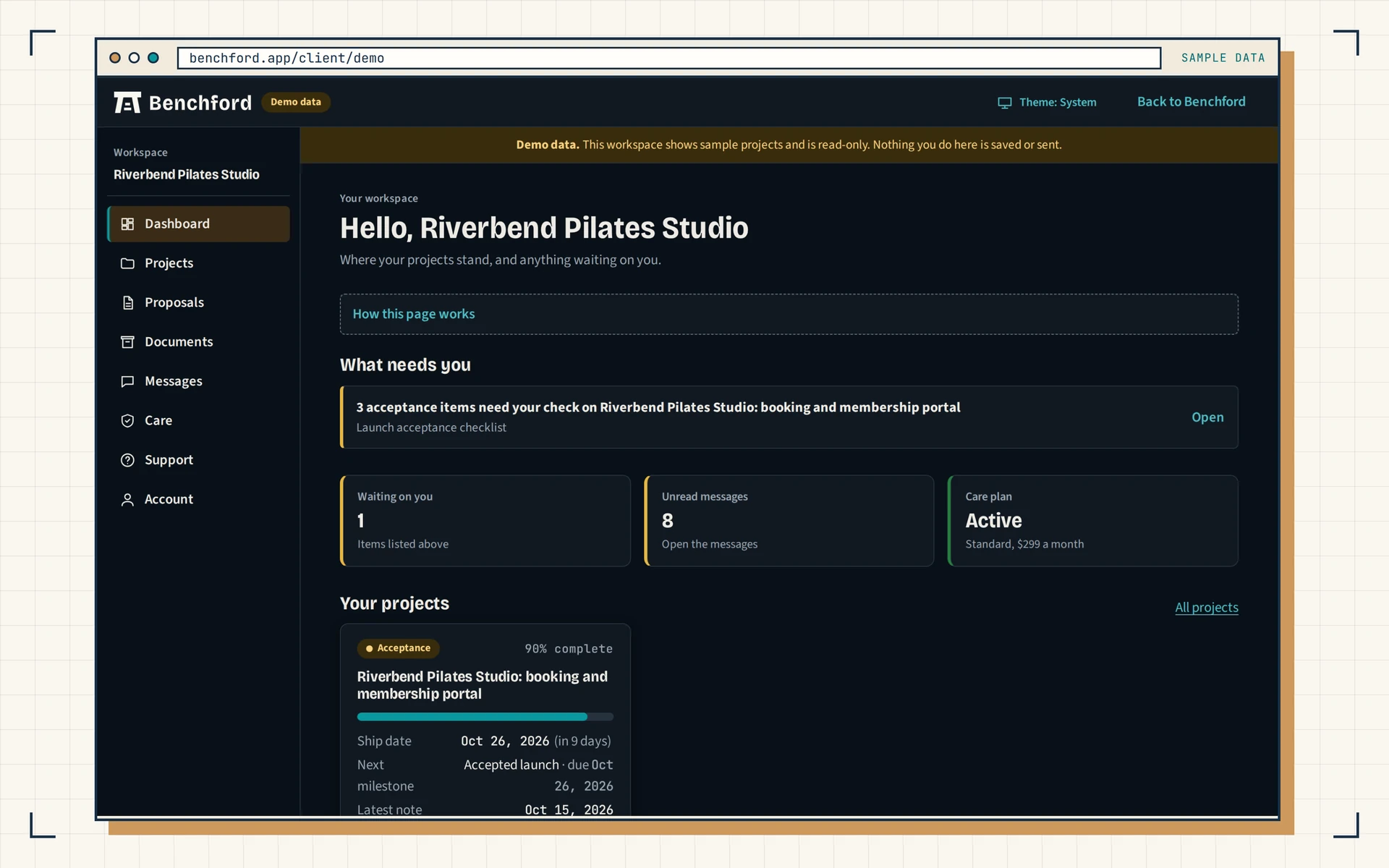 Client dashboard in dark mode on sample data for a pilates studio's booking and membership portal: what needs the owner, unread messages and a project card