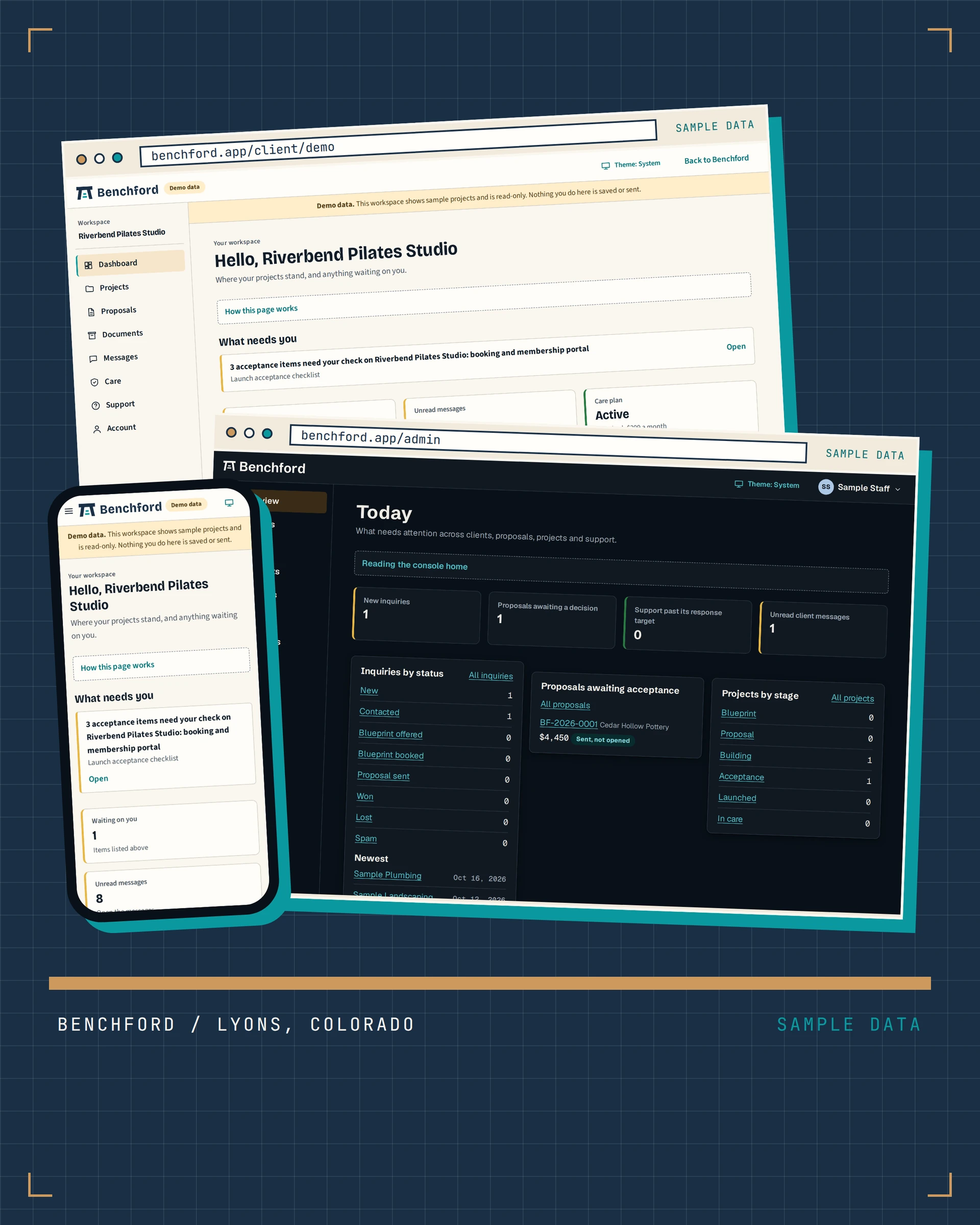 Three Benchford portal screens on sample data resting on a plank line: the client dashboard, the staff console in dark mode and the dashboard on a phone