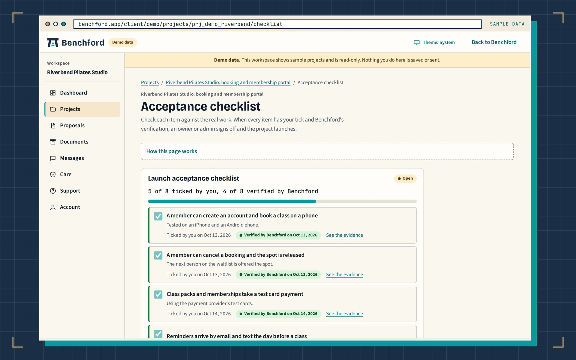 Checklist on the client portal: each item ticked by the client and verified by the studio, with a link to the evidence