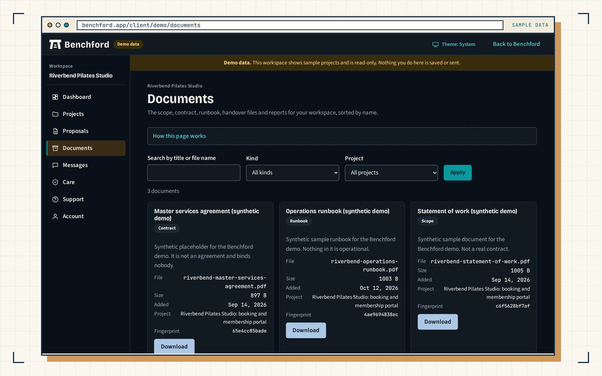 Documents page in dark mode on sample data: agreement, runbook and statement of work, each with its size, date and a download button