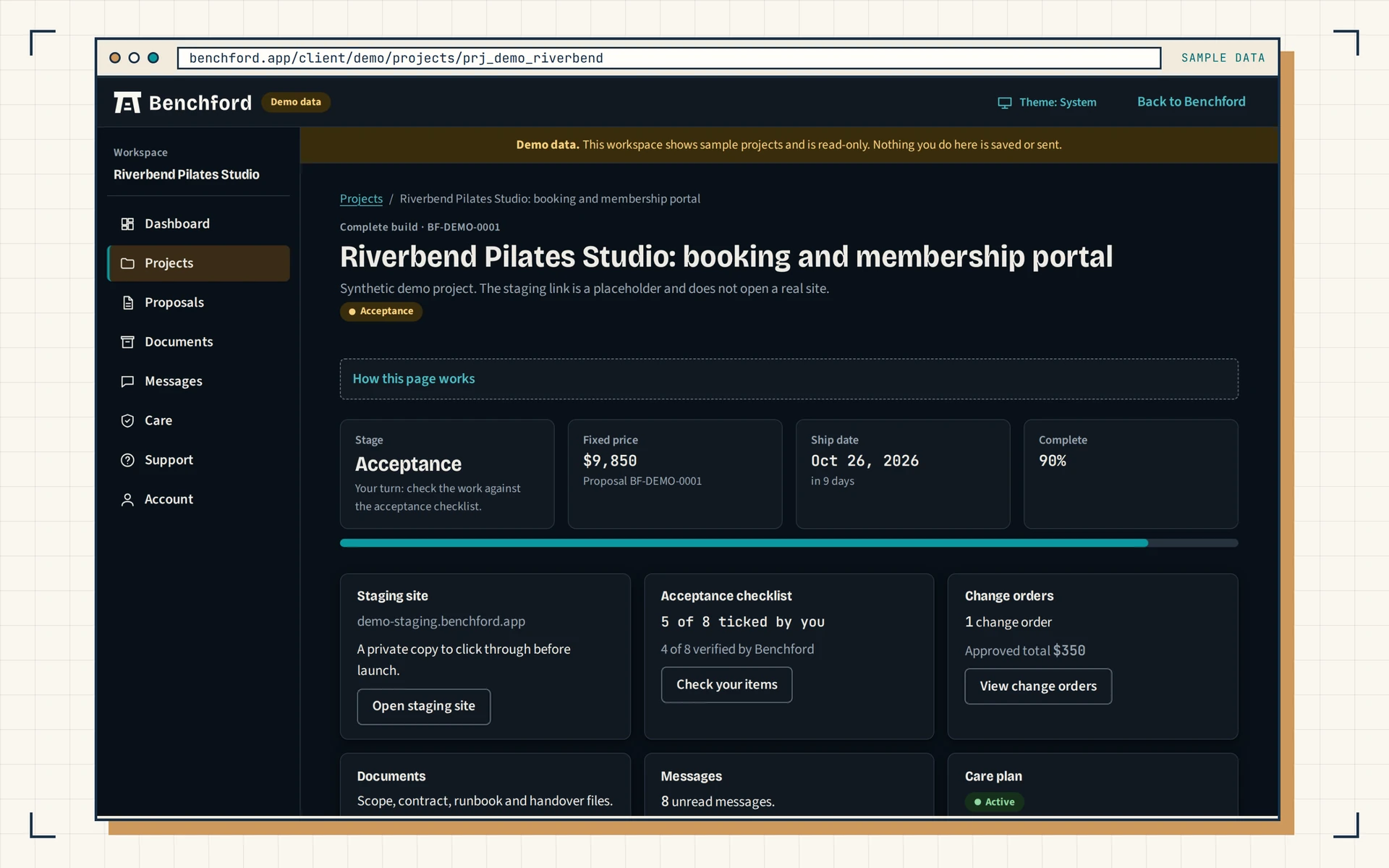 Client portal project page in dark mode on sample data: status, checklist progress, documents, messages and payment schedule in one place