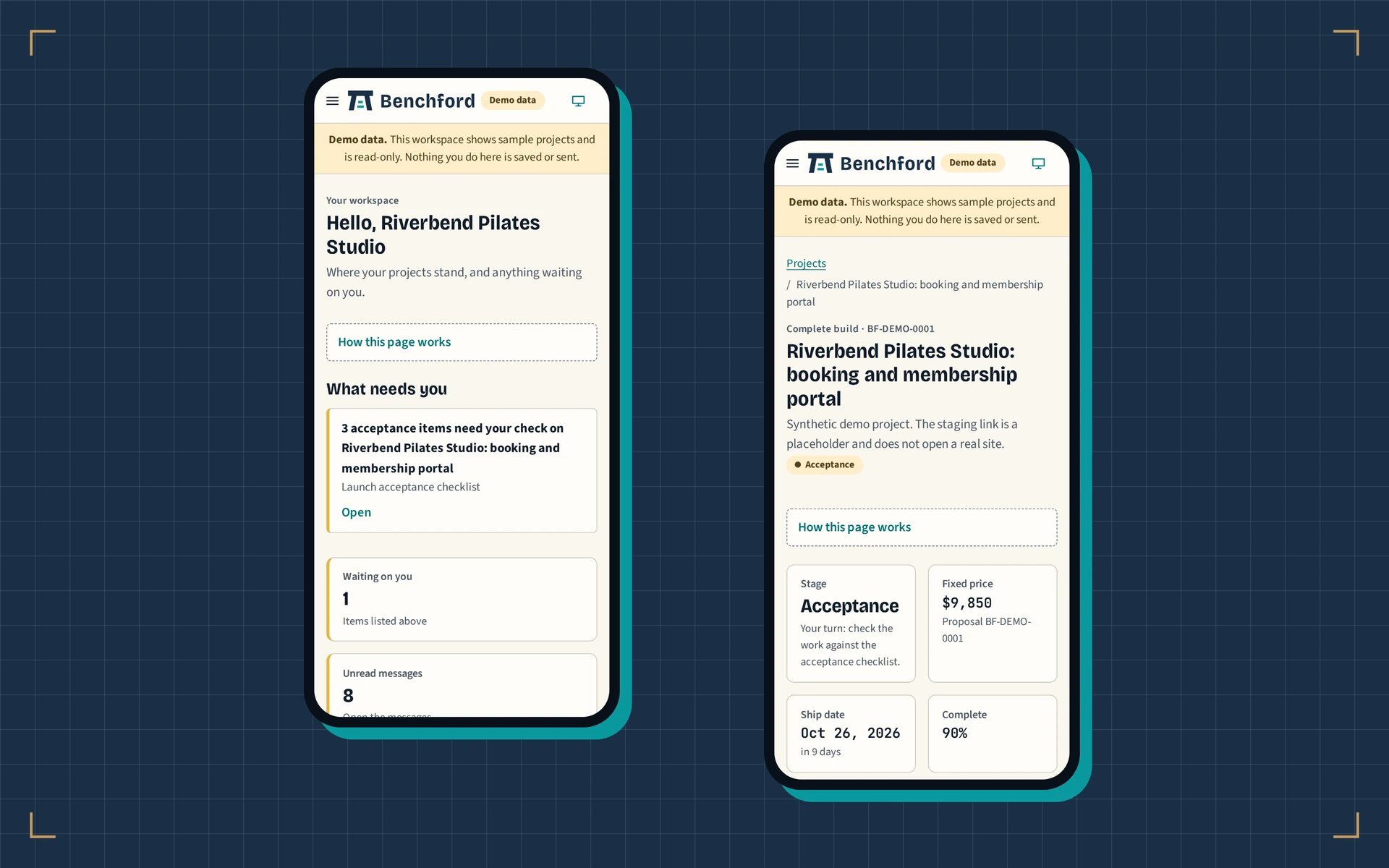 The same client workspace on two phone screens: the dashboard and a project page