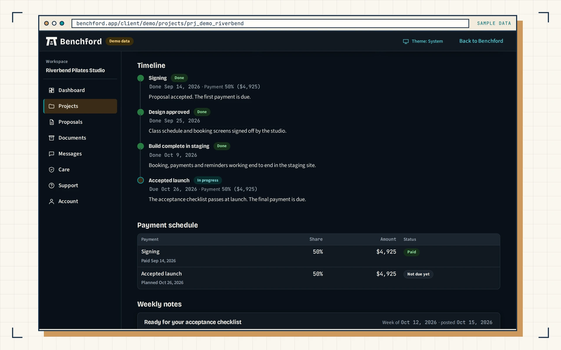 Milestone timeline and payment schedule of a sample build in dark mode: the signing payment is paid, the launch payment is not yet due