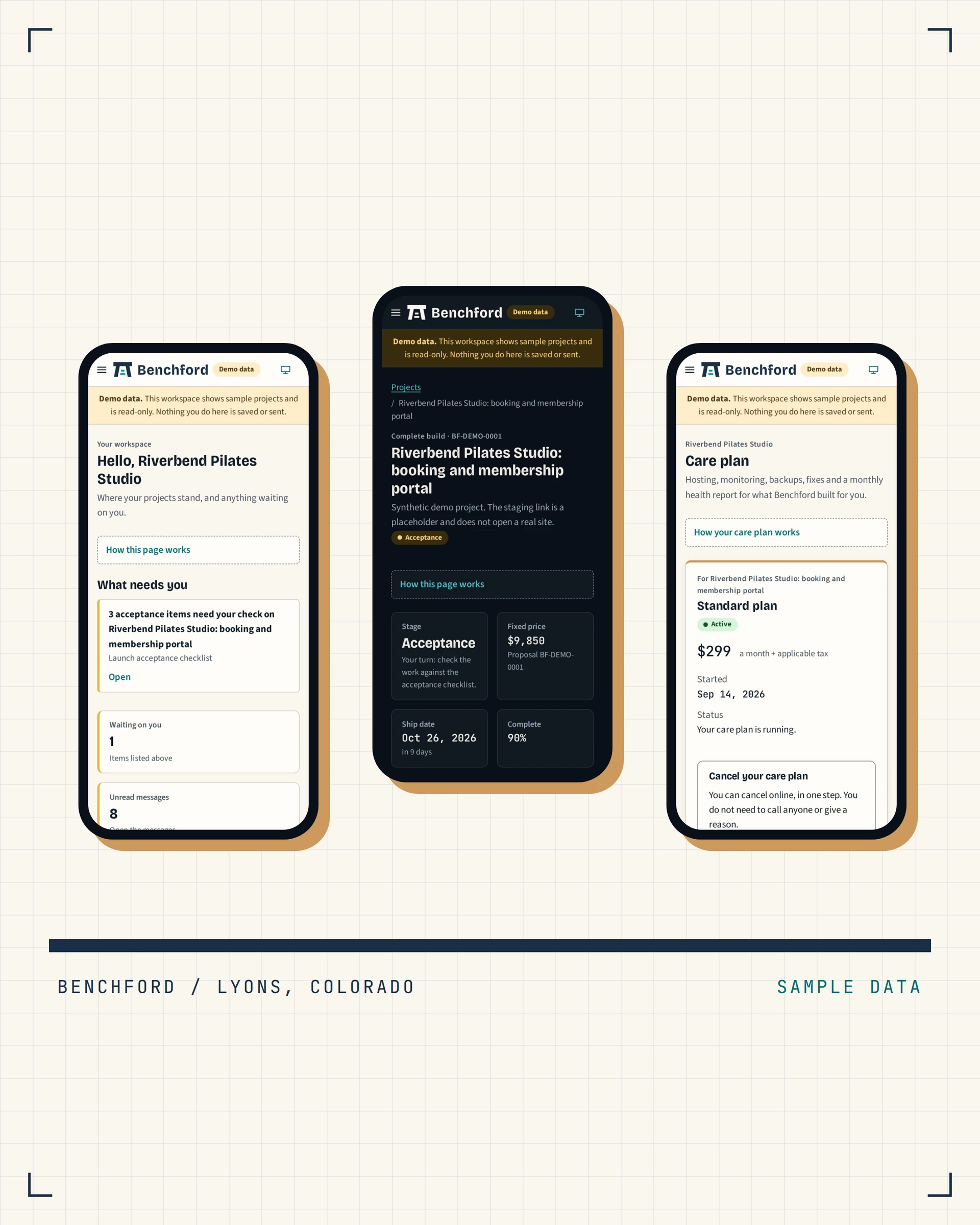 Three phone screens of the client portal on sample data: dashboard, a project page in dark mode and the care plan