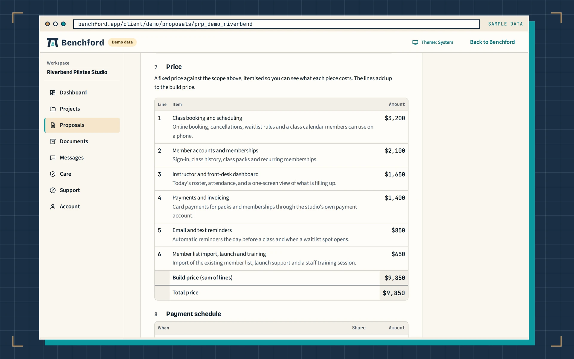 Sample proposal on the client portal: six priced lines add up to a fixed build price of $9,850, followed by the payment schedule