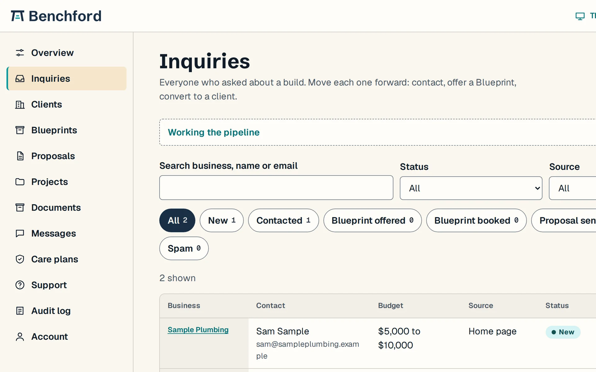 Inquiry inbox on sample data with status filters from new through contacted to won, and two sample inquiries
