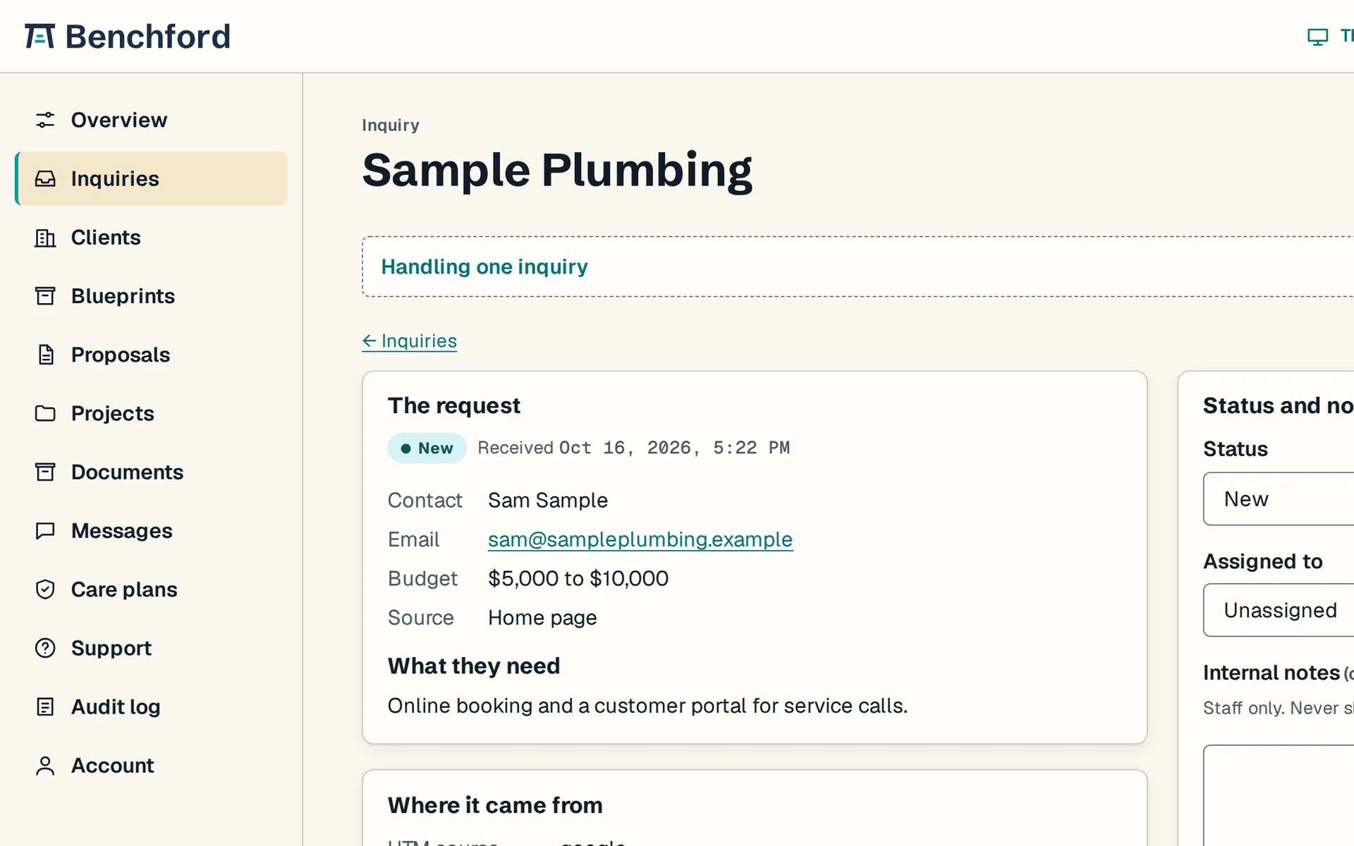 How a request arrives on our side, on sample data: a new inquiry from a fictional plumbing company with its budget and what they need