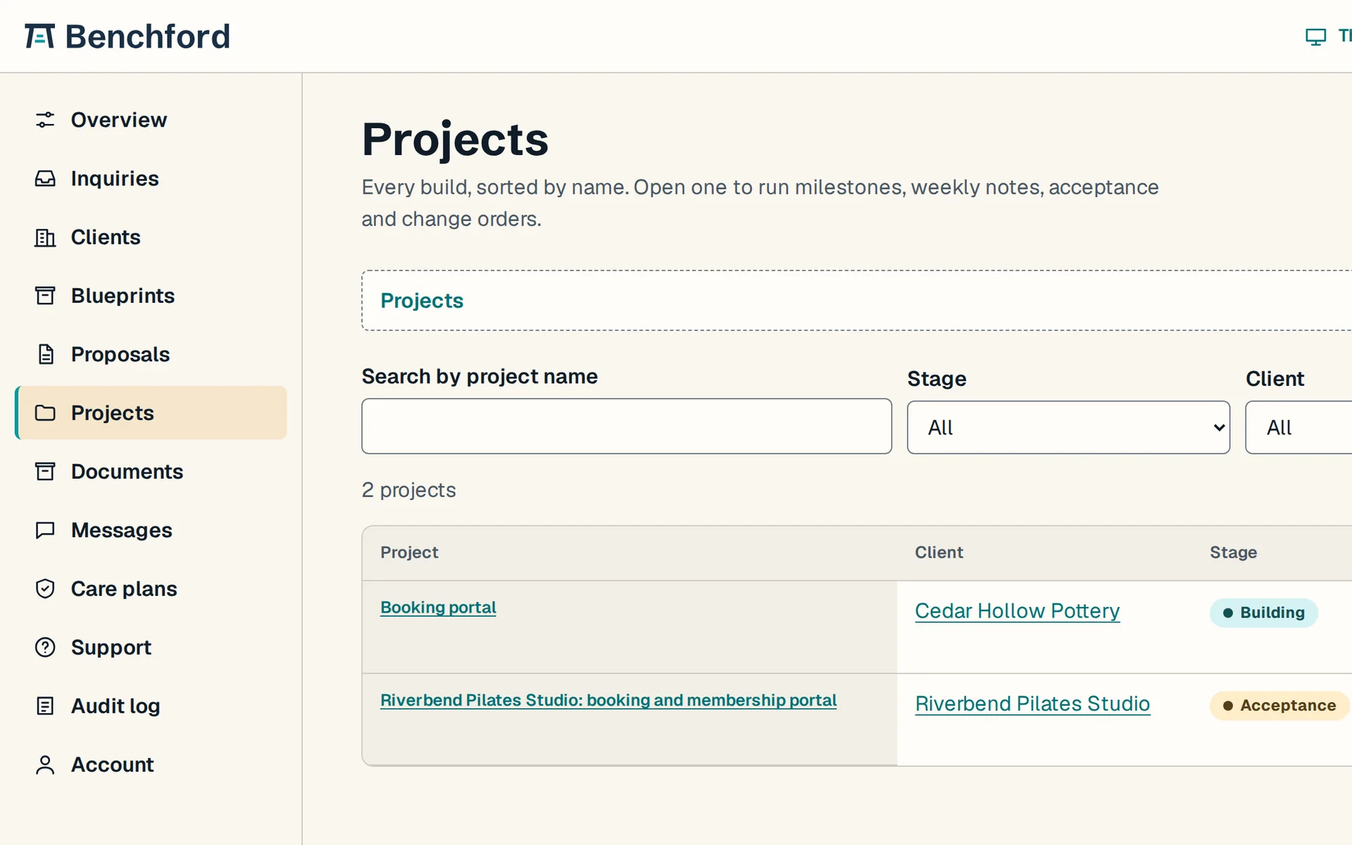 Staff project list on sample data: every build by client, stage, progress and ship date, with search and filters
