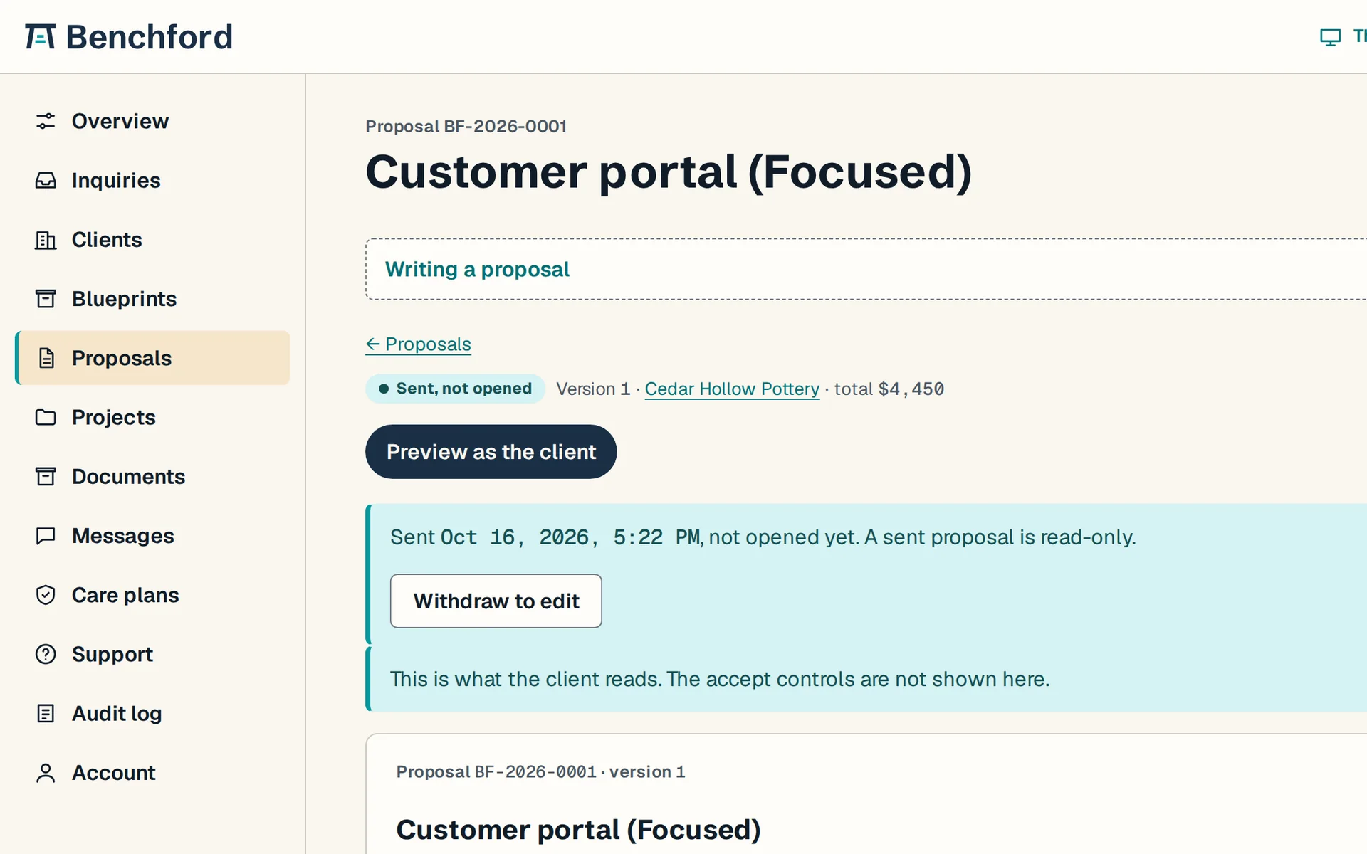 Staff proposal editor on sample data: a sent proposal for a fictional pottery studio with its written ship date and price