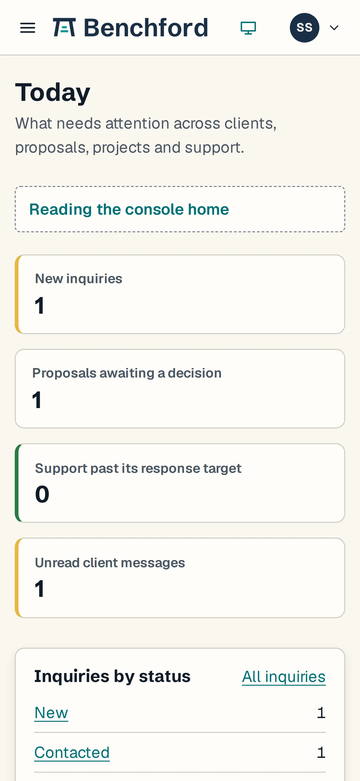 The same console home on a phone with sample data: the numbers that need attention today