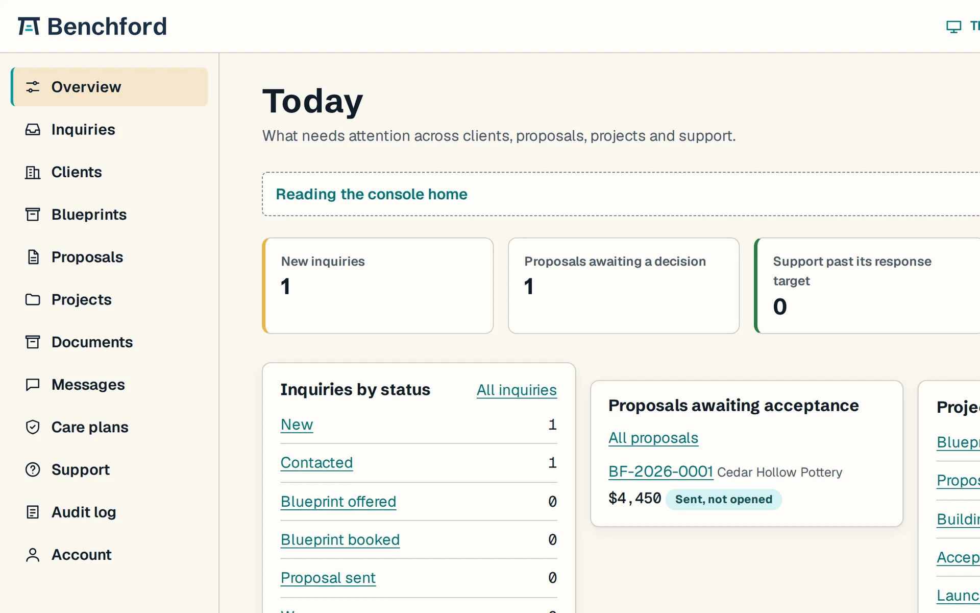 Staff console home on sample data: new inquiries, proposals awaiting a decision, projects by stage and open support