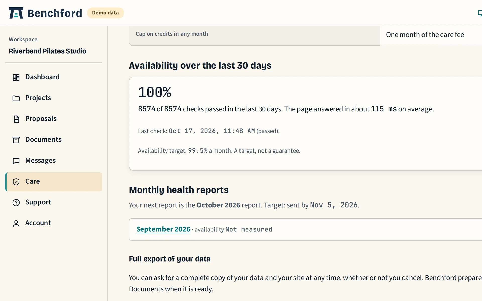 Care plan page on sample data: availability over the last 30 days and the monthly health reports list