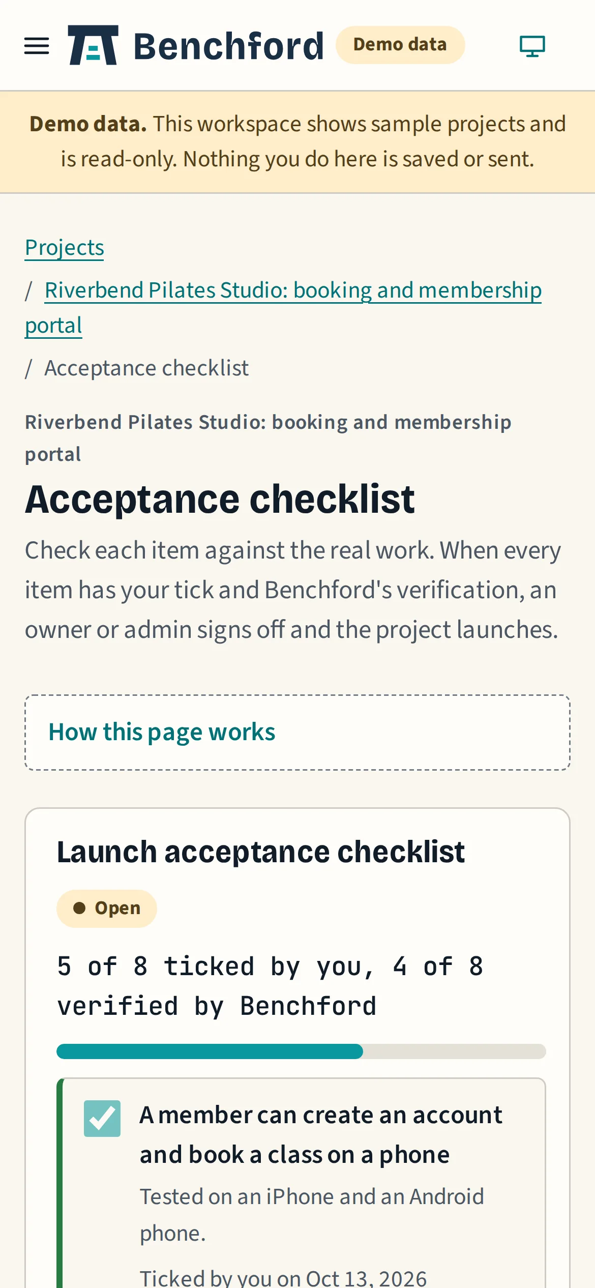Acceptance checklist on a phone with sample data: items ticked by the client and verified by the studio