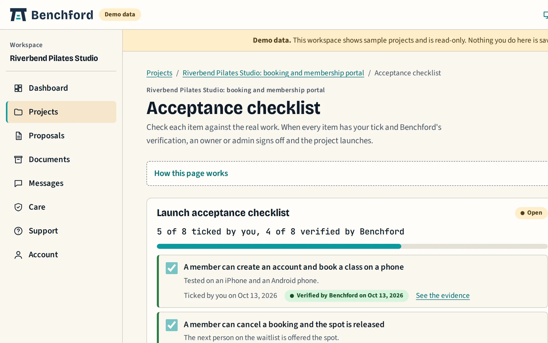 Acceptance checklist on sample data: each item ticked by the client and verified by the studio, with a link to the evidence