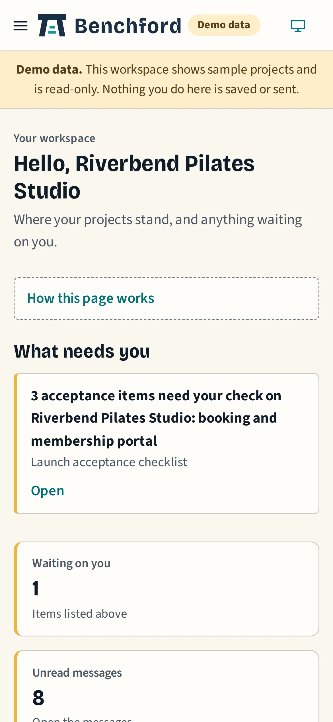 The client portal dashboard on a phone with sample data: what needs you, unread messages and the care plan