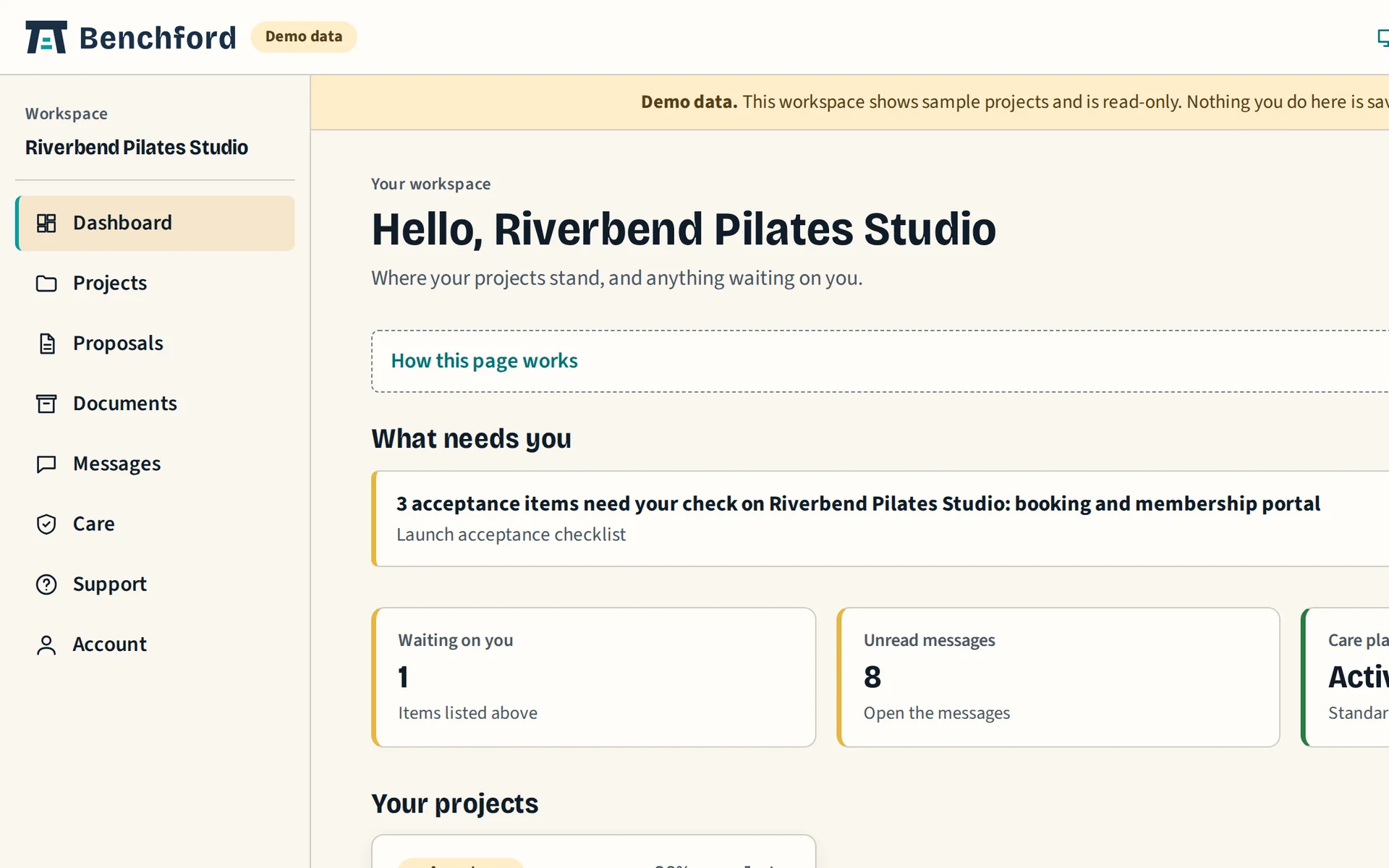 Client portal dashboard on sample data: what needs the client, unread messages, care plan and a project at 90 percent with its ship date