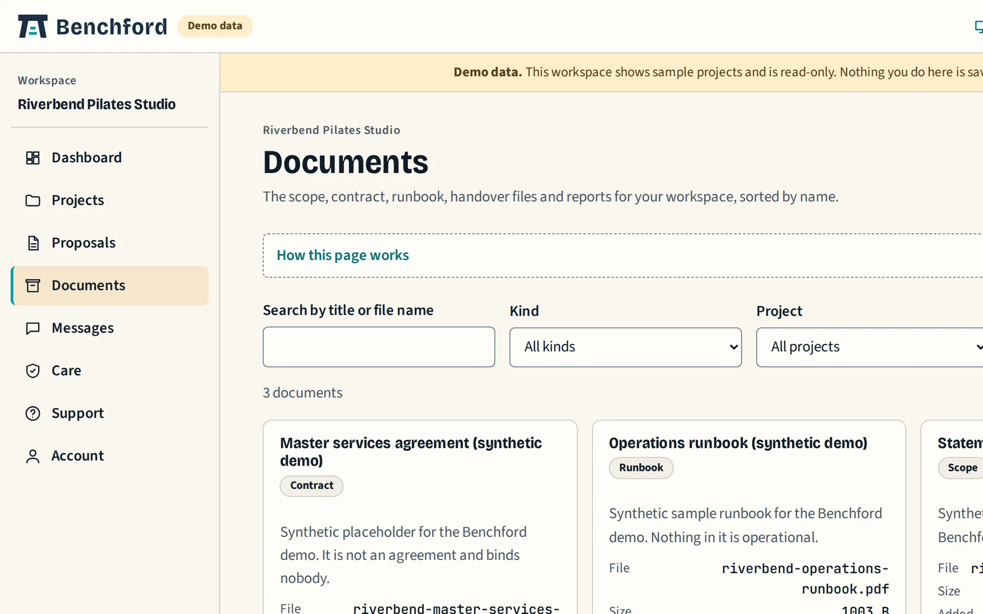 Documents page on sample data: agreement, runbook and statement of work, each with its size, date and fingerprint