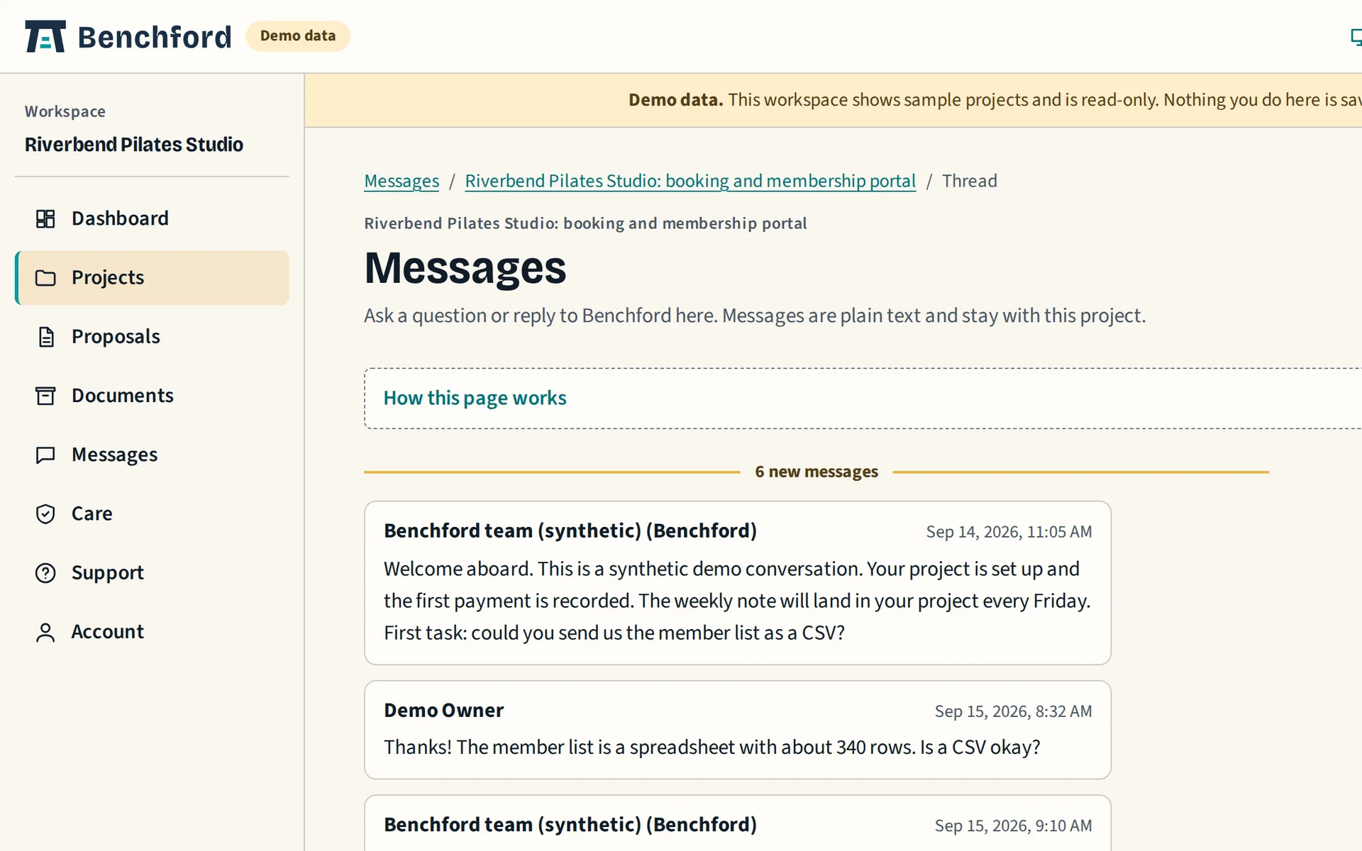 Message thread on sample data between the studio and a demo owner about a member list import