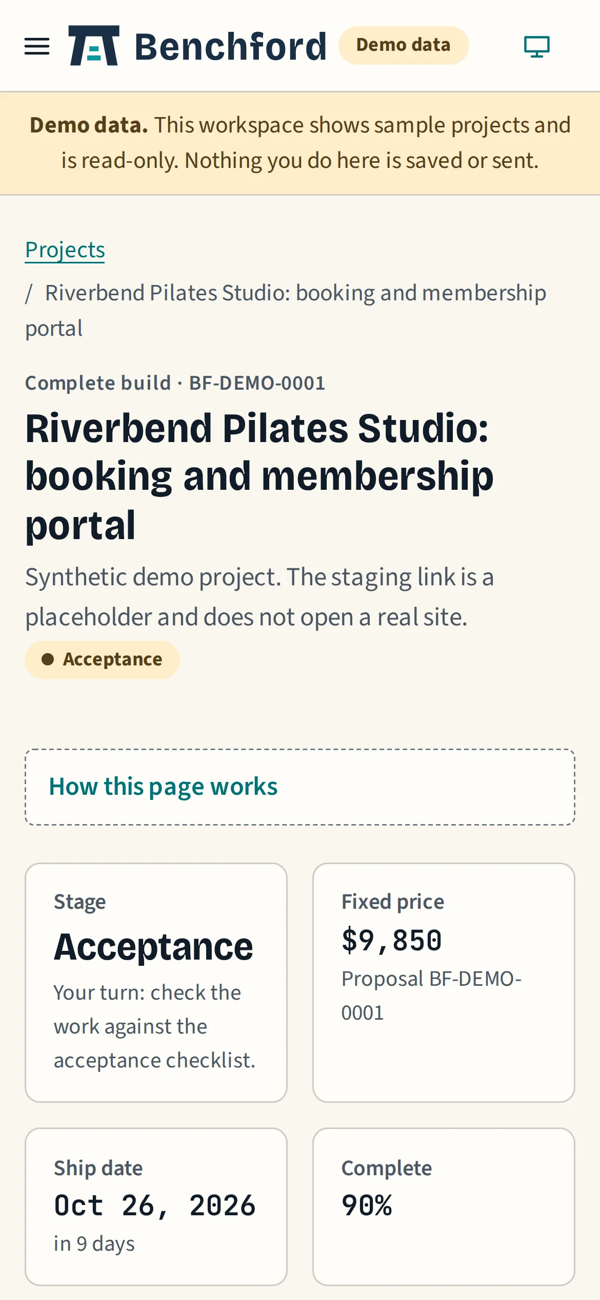 The same sample project on a phone: stage, fixed price, ship date and progress