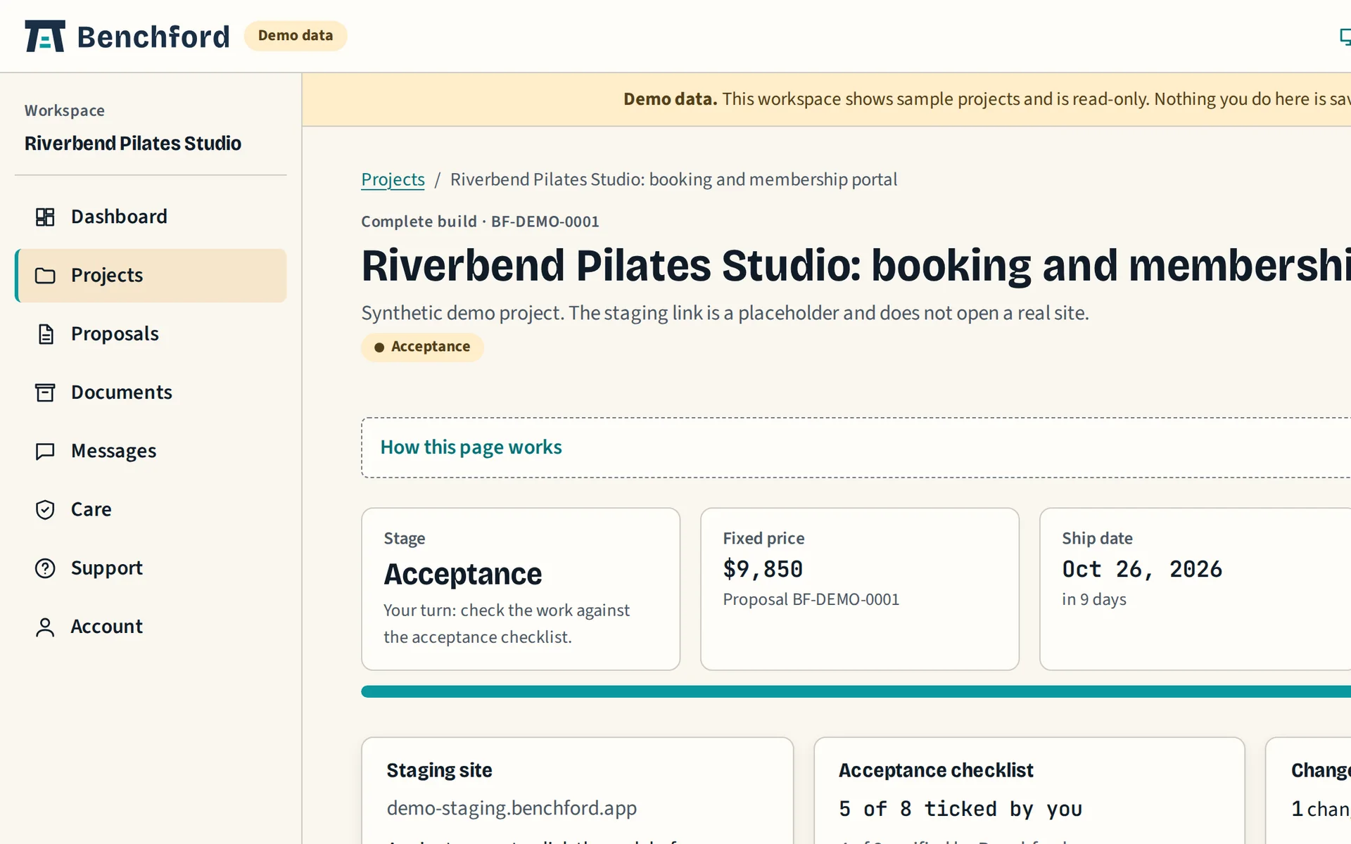 Client portal project page for a sample booking and membership build: stage, fixed price, ship date, progress and links to the checklist and documents
