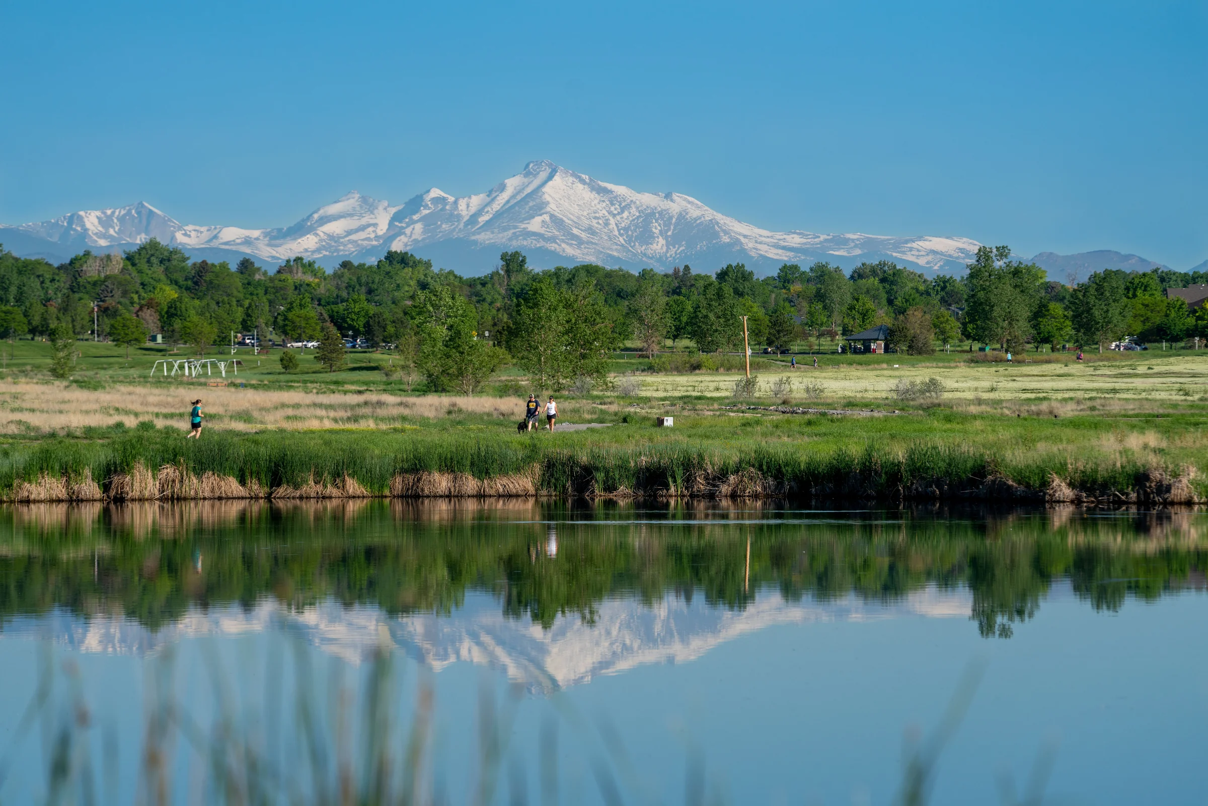 Snow-capped Front Range peaks reflected in a lake, with green trees along the shore